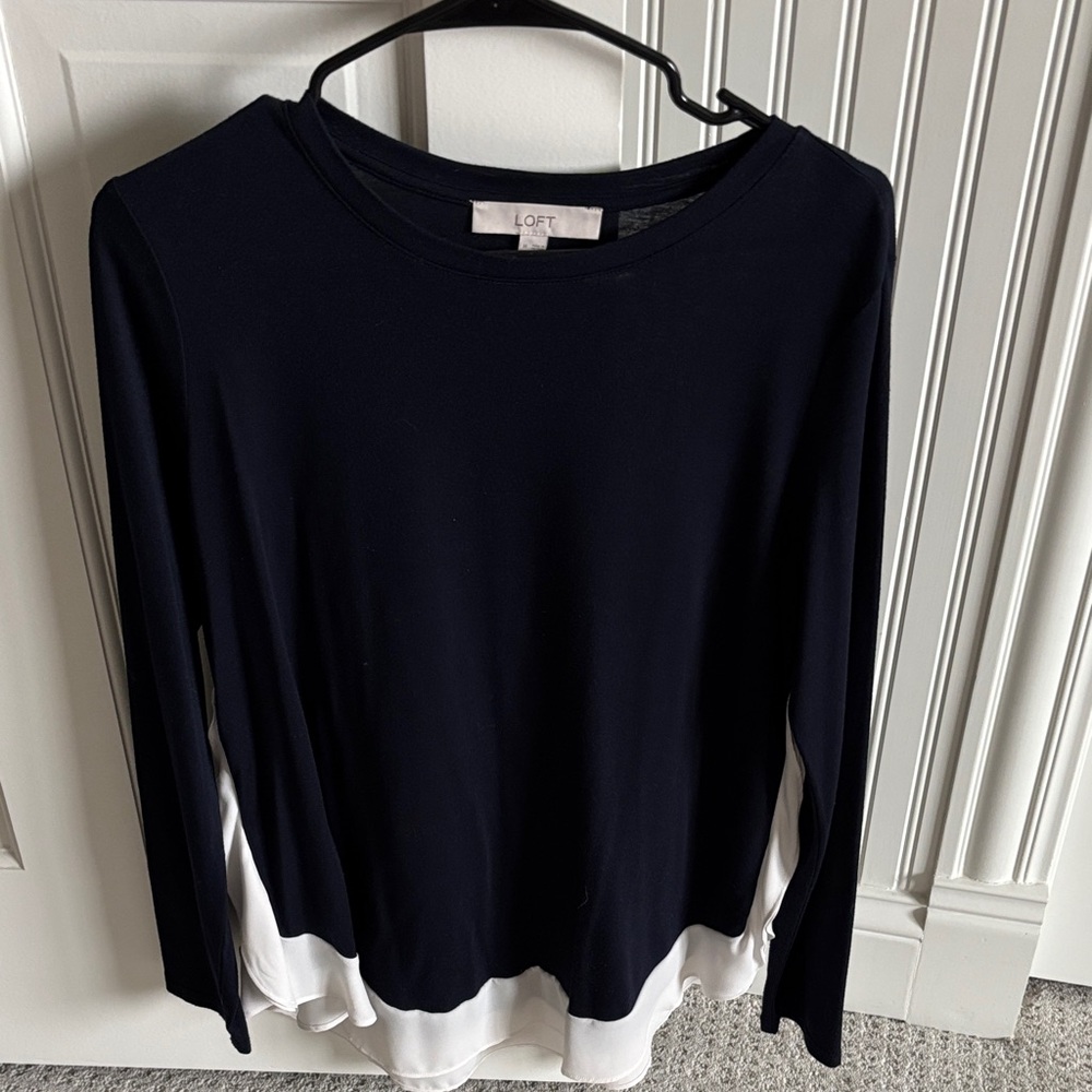 LOFT Women's Navy Long Sleeve Top With White Ruffle Accent Size Medium